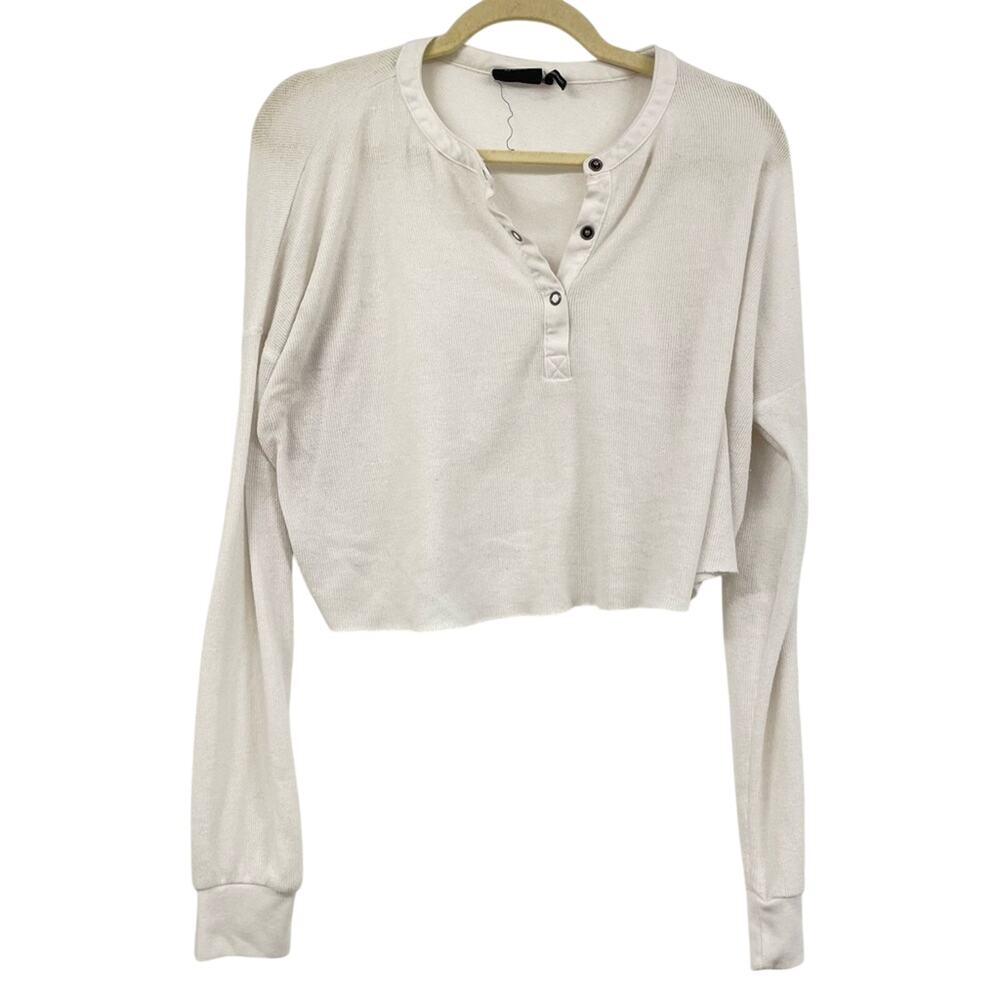 Out From Under UO White Waffle Knit Long Sleeve Cropped Sweater Womens M Baggy